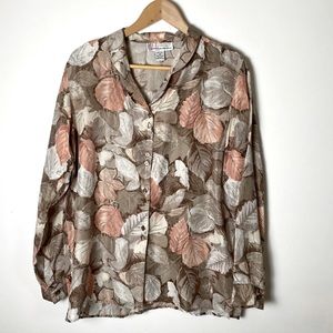 Vintage 1990s Tan Silk Leaf Print Blouse Size Medium